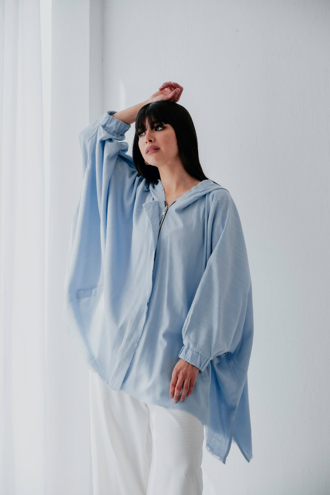 Linen Zipper Blouse - Baby Blue