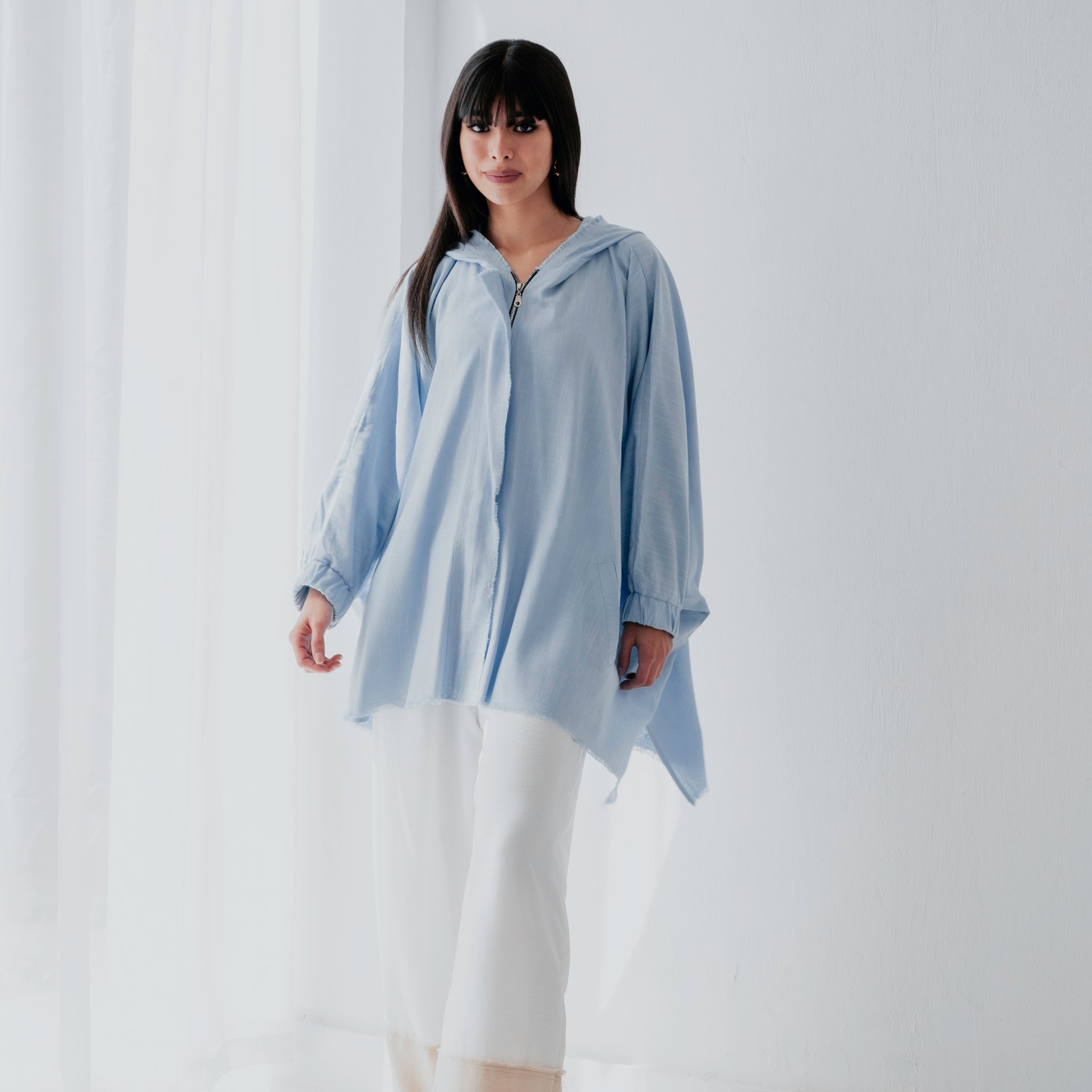 Linen Zipper Blouse - Baby Blue