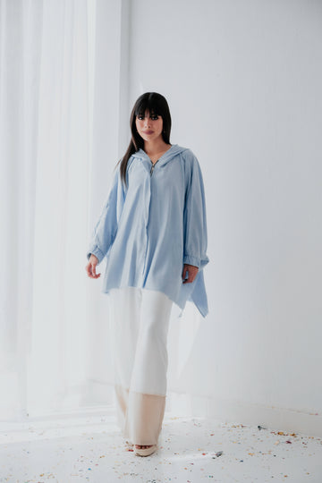 Linen Zipper Blouse - Baby Blue