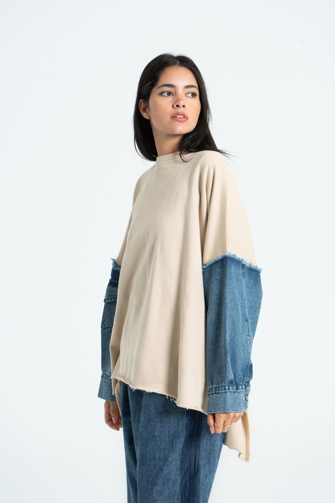 Denim Slevees Sweatshirt - Beige