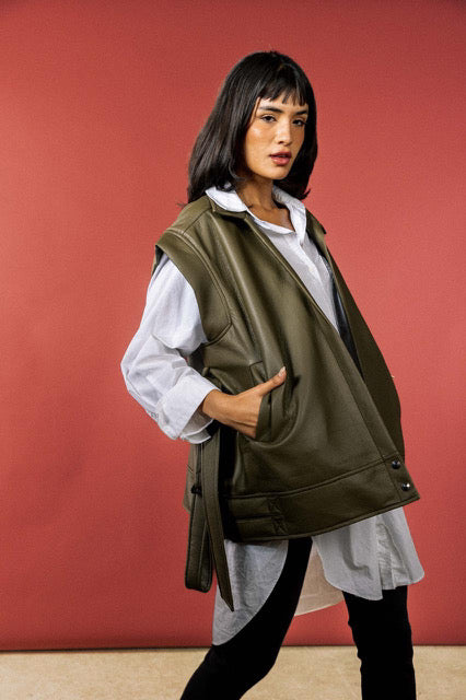 Olive Belted Leather Vest