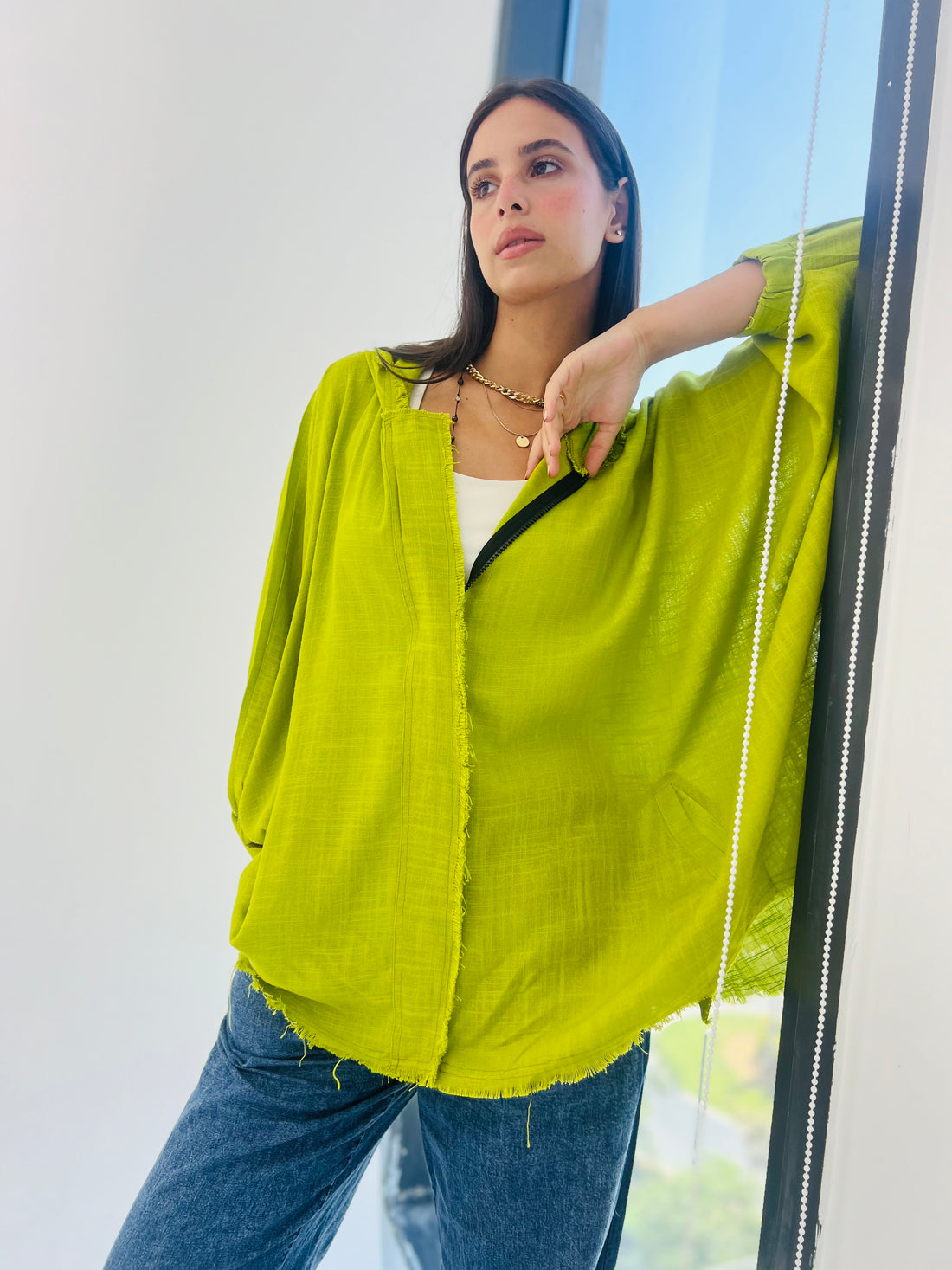 Linen Zipper Blouse - Lime