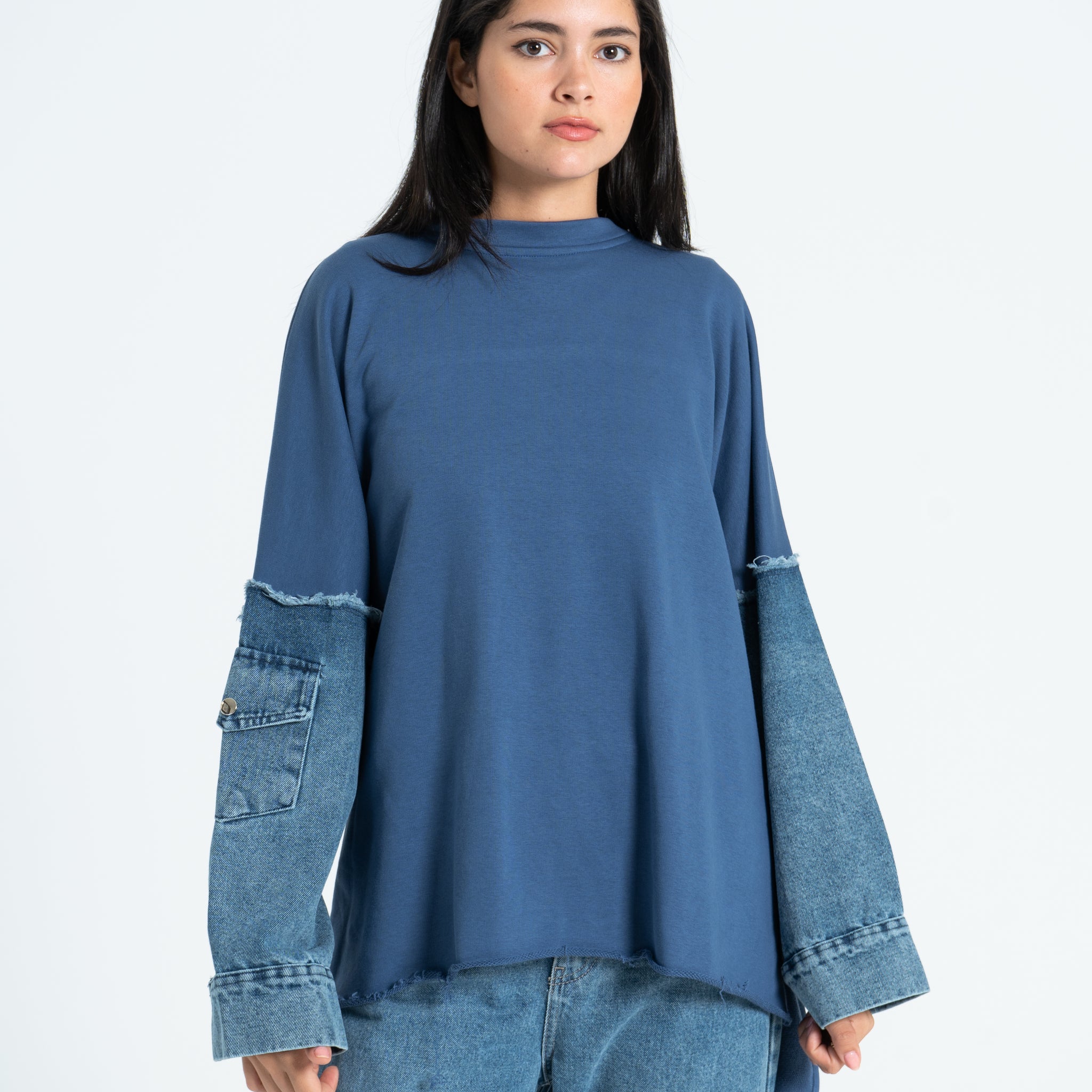 Denim Sleeves Sweatshirt - Petroleum