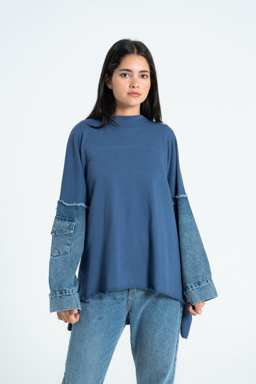 Denim Sleeves Sweatshirt - Petroleum