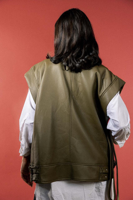 Olive Belted Leather Vest