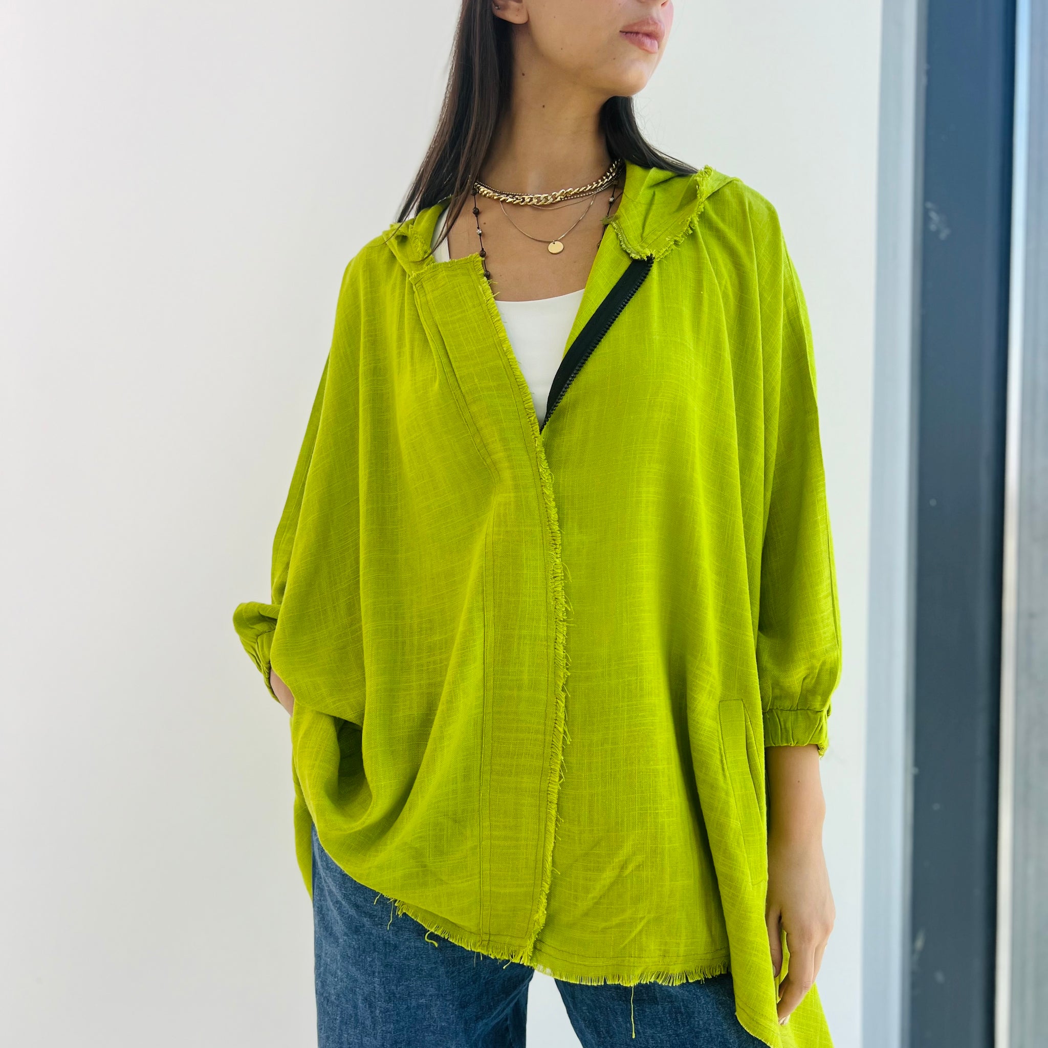 Linen Zipper Blouse - Lime