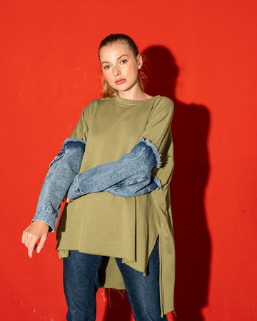 Denim Slevees Sweatshirt - Olive