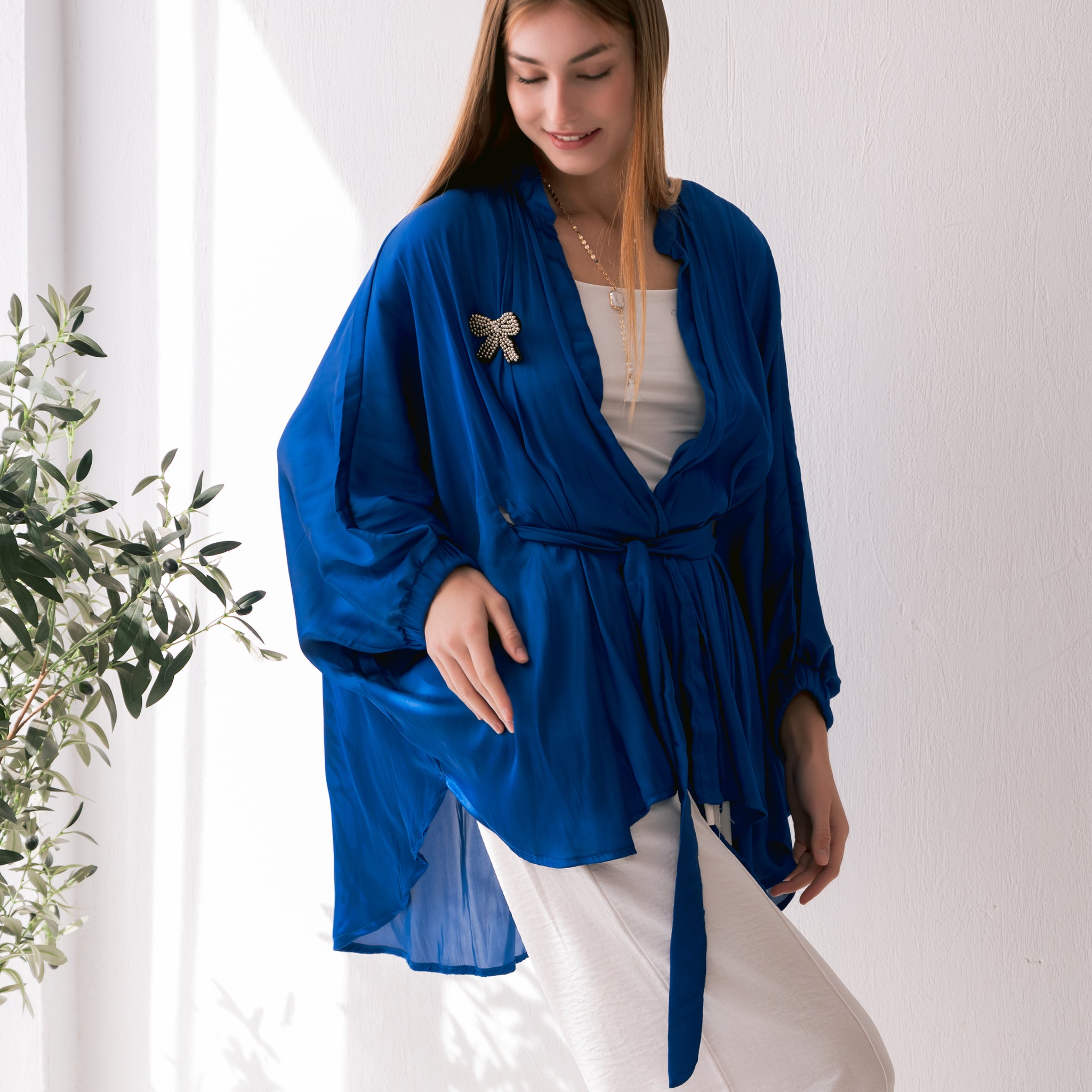 Butterfly Satin Blouse - Royal Blue