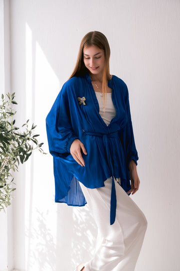 Butterfly Satin Blouse - Royal Blue